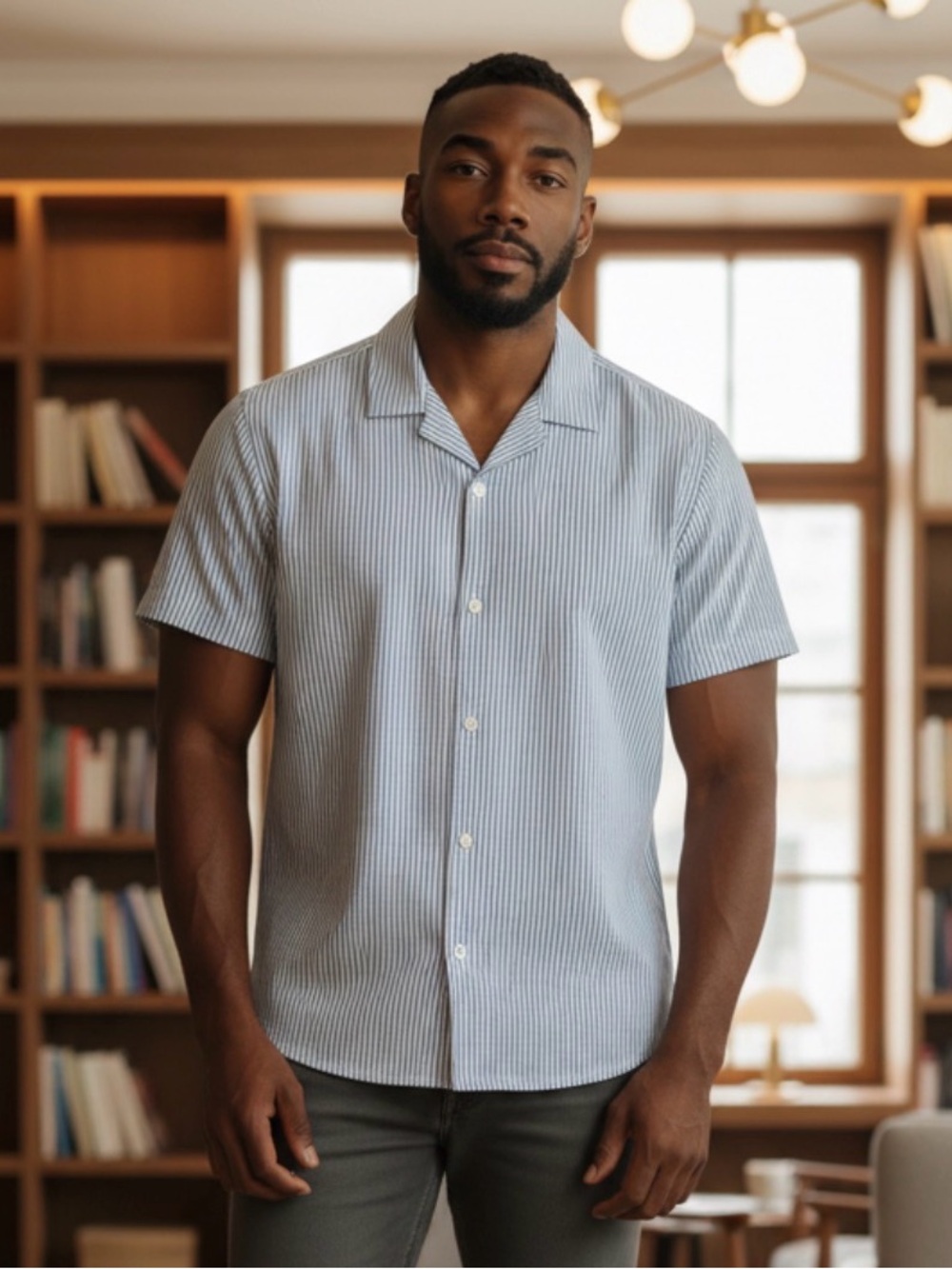 Cactus Man Short-Sleeve Seersucker Camp Collar Shirt - Light Blue Stripe Xl